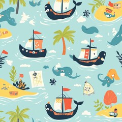 Poster - Bright seamless baby pattern featuring playful pirate ships, friendly whales, treasure maps, and tropical islands Generative AI
