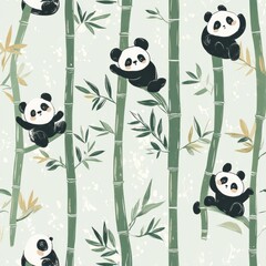 Poster - Cute pandas climbing bamboo trees in a seamless pattern with soft neutral green and white colors for flawless nursery decor Generative AI
