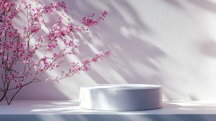 Poster - Delicate pink flowers softly contrast against a smooth white backdrop, casting gentle shadows on the clean surface. A peaceful atmosphere invites calm reflection and appreciation for nature's beauty.