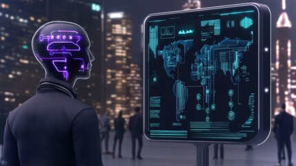 Poster - Futuristic cityscape showcases pedestrians interacting with advanced neural technology solutions
