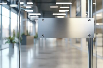 Aufkleber - 3D render of a blank brushed metal nameplate on a clear glass door in a spacious, well-lit office hallway. Ideal for signage, branding, and corporate interior design
