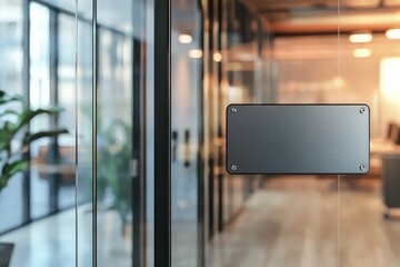 Aufkleber - 3D render of a blank metal nameplate on a glass office door in a modern workspace with warm lighting. Perfect for branding, office signage, and corporate identity