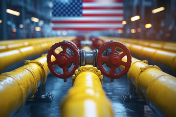 Poster - Industrial pipes with valves and American flag in a vibrant facility