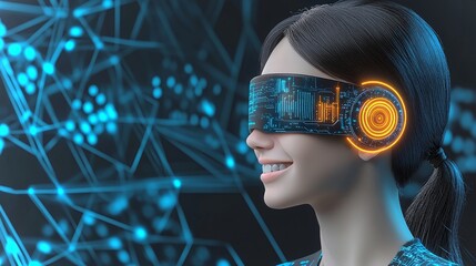 Poster - Smiling young adult wearing futuristic neural implant technology in a vibrant digital environment