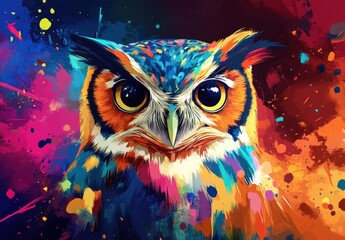  Colorful digital art owl portrait with vibrant splashes, night background