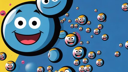 Fototapete - A wall covered in various smiling faces, including one with a blue face in the middle