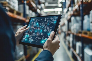 Poster - Person holding a tablet displaying technical drawings in a warehouse environment for inventory control