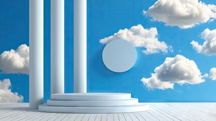 Poster - Blue 3D background with soft clouds emerging from circular form, simple product display