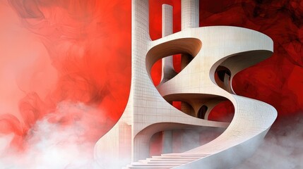 Poster - Bold red smoke background with curved architectural forms and swirling clouds