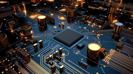 Poster - Close-up of a futuristic circuit board, microchips and data streams, glowing blue tech design