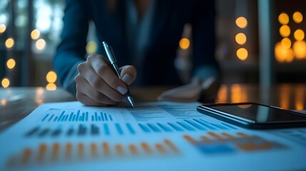 Poster - a person at work, holding a pen, and writing on charts. the scene evokes a sense of focus and profes