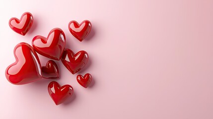 Poster - Cute 3D red hearts scattered across a pastel pink background, symbolizing love.