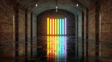 Poster - Cyberpunk brick wall with vibrant neon rays, wet reflective floor, dark atmospheric setting