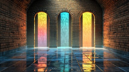 Poster - cyberpunk brick wall with vibrant neon rays, wet reflective floor, dark atmospheric setting