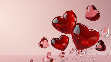 Poster - Cute 3D red hearts scattered across a pastel pink background, symbolizing love.