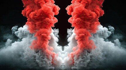 Poster - dark background with red neon smoke billowing symmetrically on both sides, moody and abstract