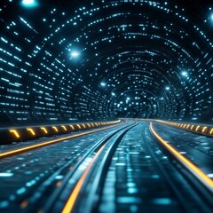 Fototapete - Futuristic train tracks inside a glowing, dark blue tunnel. Orange lines illuminate the path ahead. Digital elements and intricate textures are prominent.