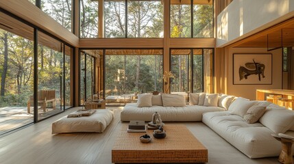 Poster - A spacious living area boasts large windows framing lush greenery, allowing natural light to pour in.