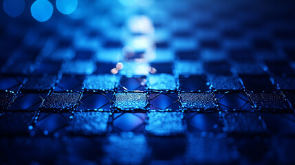 Poster - A close up of a blue checkered surface with bokeh lights in the background creating a cool effect