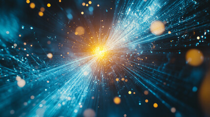 Poster - Abstract light burst with blue streaks and bokeh effect in a dark background design element