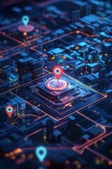 Poster - A bustling urban tech district highlighted by glowing map pins