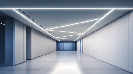 Poster - A modern hallway with geometric led lighting and a reflective floor in a minimalist style space