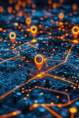 Poster - A bustling urban tech district highlighted by glowing map pins