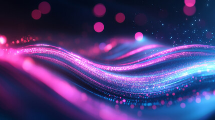 Poster - Abstract glowing light trails in pink and blue hues with bokeh effect and dark background design element