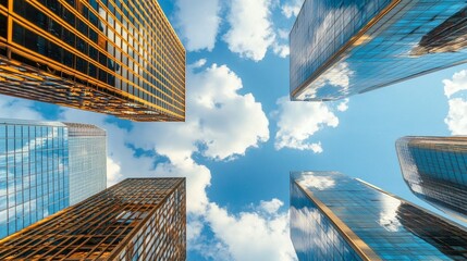 Poster - urban skyline featuring modern glass buildings with a blue sky background