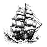 Majestic Sailing Ship Ocean Voyage Black White Art isolated on transparent background