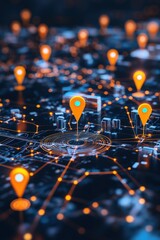 Poster - A bustling urban tech district highlighted by glowing map pins