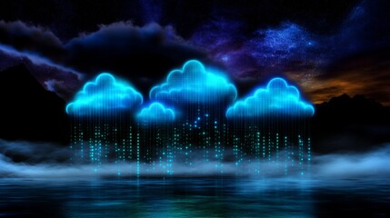 Poster - Softly glowing clouds depicting individual dreams in a futuristic landscape at twilight