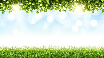 Wall Mural - Spring leaves, grass, bokeh background; nature banner