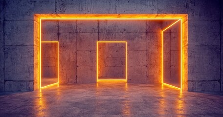 Poster - the interior scene is an abstract representation of brown and beige concrete, accentuated by neon li