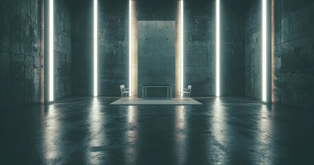 Poster - the interior of a minimalist house, characterized by abstract architectural concrete, incorporates a