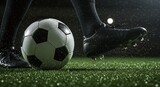 The Foot of Victory: Captures the intense moment of a player's foot connecting with a soccer ball on a vibrant green field, representing power, precision, and the thrill of sports.