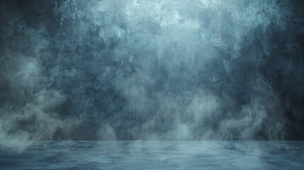 Poster - A blue textured backdrop with smoke or fog effect and a reflective surface in the foreground