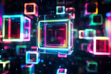 Poster - Floating holographic cubes with glowing neon outlines against a dark and blurry background of cubes