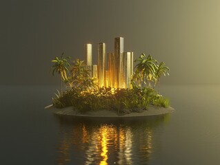 Poster - The reflection of a modern cityscape on water at night, symbolizing sustainable urban planning and green investment opportunities