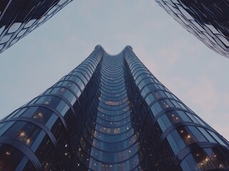 Poster - a 3d render illustrates a futuristic skyscraper, notable for its sleek, curved glass windows and mod