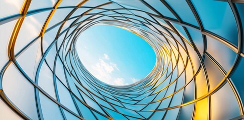 Poster - a futuristic office building with a curved glass window is depicted in a 3d rendering from a low ang
