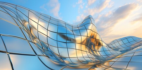 Poster - the image presents a low-angle view of a futuristic skyscraper, characterized by its curved glass wi
