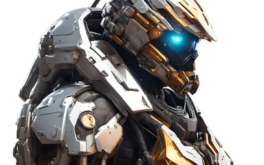 Poster - Cybernetic bounty hunter with a sleek armored exosuit and glowing visor, isolated on a empty plain background