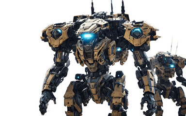 Poster - Cybernetic warlord with reinforced mech-armor and an army of drone soldiers, isolated on a empty plain background