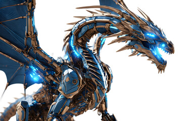 Poster - Cybernetic dragon with glowing blue circuits and metallic wings, isolated on a empty plain background