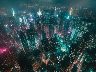 Poster - Neon blue lights illuminate the skyline of a city from the future