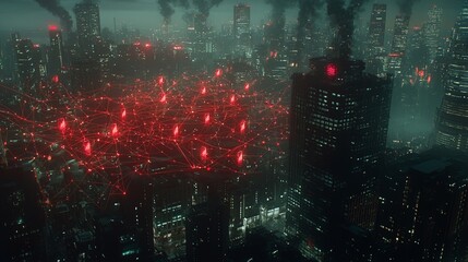 Poster - At night, a city's aerial view shows glowing blue lines that form a network connecting its buildings