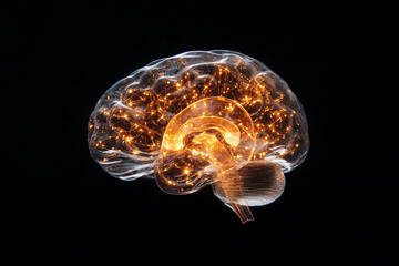 Poster - Glowing human brain with neural connections visible against a dark black background in a studio shot
