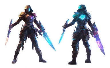 Poster - Holographic rogue with a shifting pixelated body and dual plasma daggers, isolated on a empty plain background
