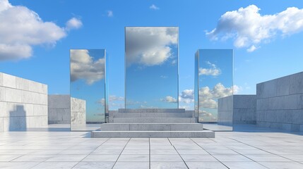 Poster - an empty concrete floor is shown in a 3d render of abstract and futuristic glass architectural desig
